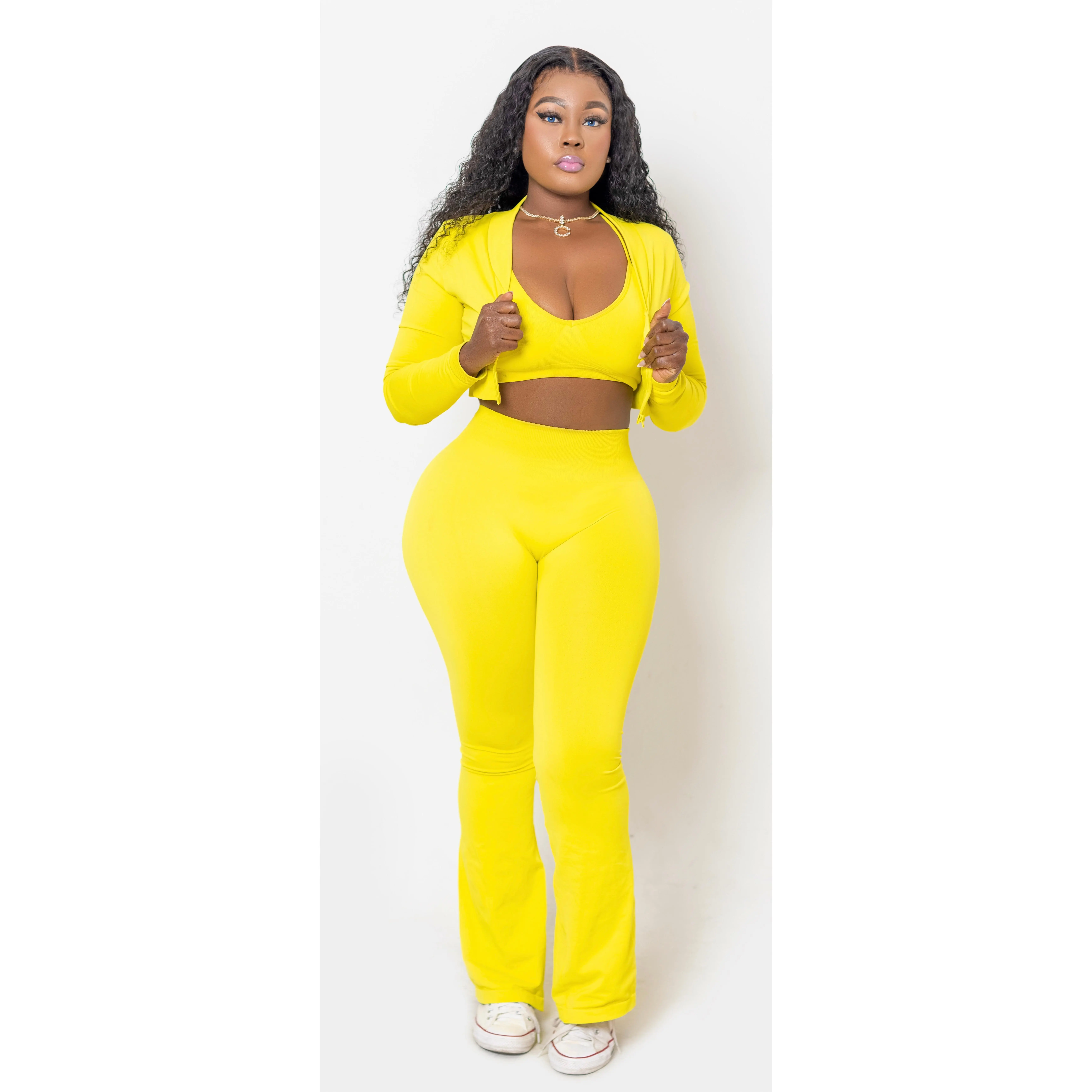 Lemonade 3 Piece Tracksuit for Women in Yellow with Cut-Out Design and Wide Pants