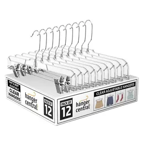 Hanger Central 12 Pack 14" Clear Skirt Hangers with Adjustable Clips, Non-Slip Plastic Pant Hangers, Slim Clip for Pants, Skirts, Shorts, 360-Rotating Swivel Hook Hanging Organiser