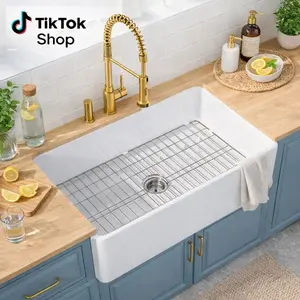 Marevia 33“White Farmhouse Sink - Fireclay Apron Front Single Bowl Kitchen Sink, Heavy Duty & Non-Yellowing, Deep 10" Bowl with Protective Grid & Strainer Kit, Modern Kitchen Remodel Essential