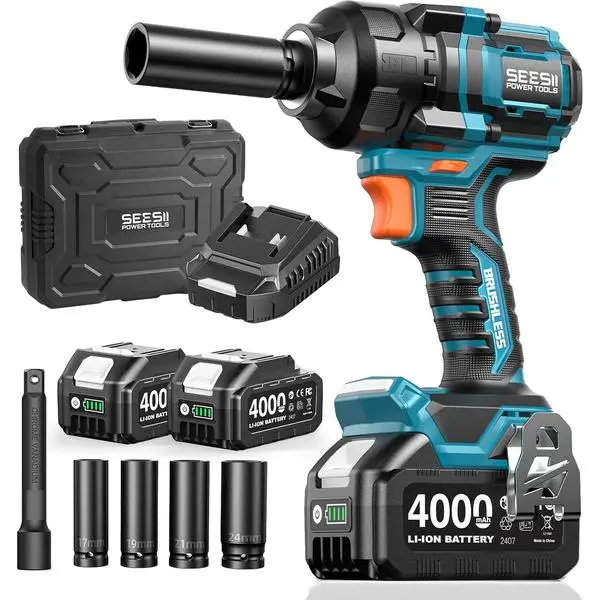 Impact Wrench 886 FT-LBS(1200N.m) 2900IPM 1/2 Impact Gun High Torque Electric Impact Driver Cordless Impact Wrench with 21V 2x4.0Ah Battery 5 Socket&Case for Home Car Tire Lug Nut Removal Tool