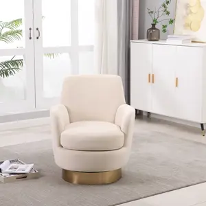 Velvet Swivel Barrel Chair, 360-Degree Rotating Accent Armchair with Gold Stainless Steel Base, Beige Round Lounge Chair for Living Room Bedroom Reading Nook
