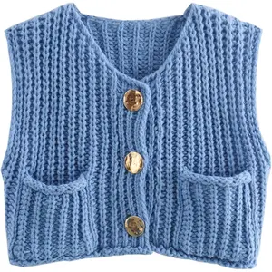 Women's Crochet  Solid Color Twist Knitwear Sweater Vest Button Up Cropped Crewneck Sleeveless Sweater Loose Soft Fashion Casual Vintage Fall Winter Cardigan with Pockets