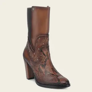 Brown Leather High Heels PYTHON BOOTS Fashion Women Boots with Snake Print and Chunky Heel