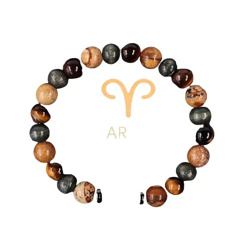 Unisex 1-Piece Zodiac Natural Stone Stackable Bracelet with Beads, Tiger Eye Print, 3D Red Rose Petal Heart, Aries Symbol, Unique Workmanship, Fashionable Jewelry, Valentine Festive & Party Gift for Gifting Supplies
