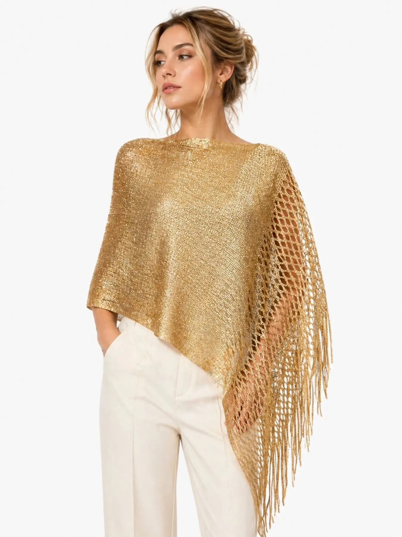 Women's Summer Mesh Fringe Knitted Shawl, Casual Denim, Elegant Dress Party Wear, Pullover Shawl for Women, Knitwear Knitted Shawl
