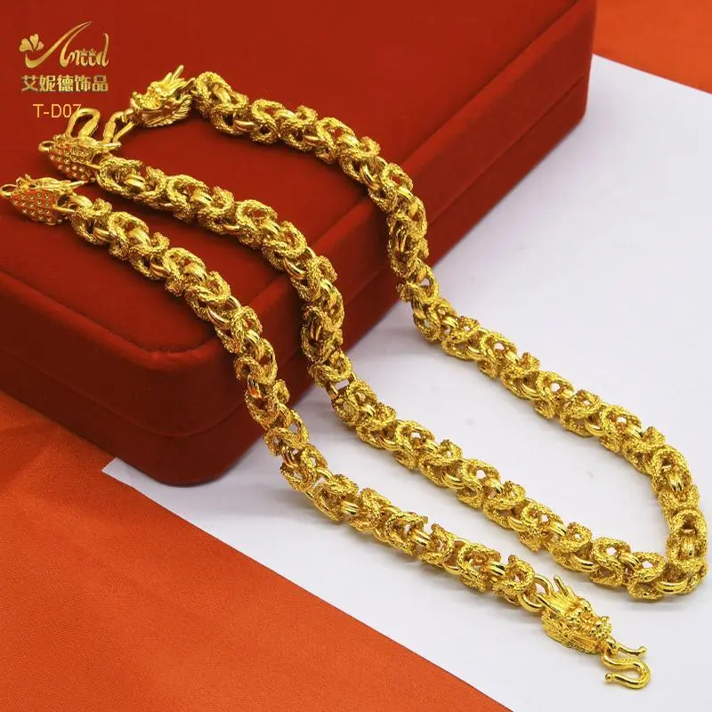 24K Gold Color Dragon Head Necklace Set For Men Wedding Engagement Fine Jewelry 45CM/55CM/60CM/65CM Neck Chain Party Gift