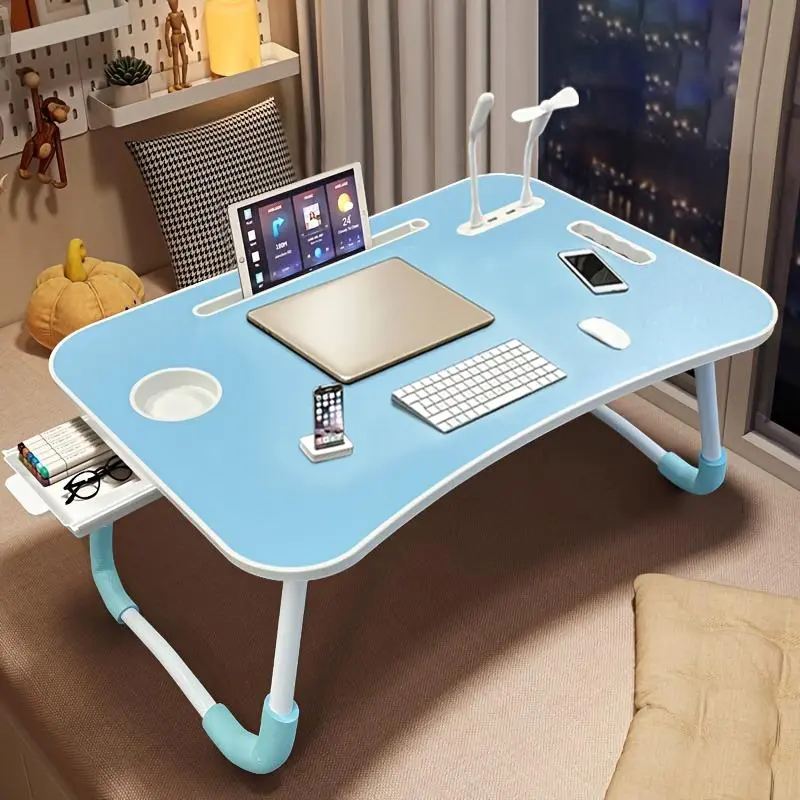 Extra Large Portable Laptop Bed Table Folding Table, Computer Table - Multifunctional Tray Stand With Cup Holder And Drawer, USB, Fan And Light - Ideal For Eating, Reading And Writing In Bed, On The Sofa, On The Floor - Stable, Durable And Foldable