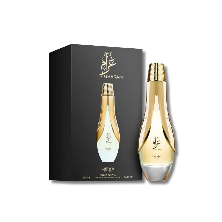 Lattafa Gharam Eau de Parfum Spray, Elegant Aromatic Amberwood Perfume with Pear, Praline & Musk Notes, 100 ml (3.4 oz), Aromatic Amberwood Fragrance, Elegant Perfume