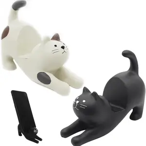 Stretching Cat Phone Stand Desk Decor Artwork, Resin Holder for Mobile Tablet Support, Cute Pet Design Home Office Accessory, Phone Grip Holder, Phone Holders