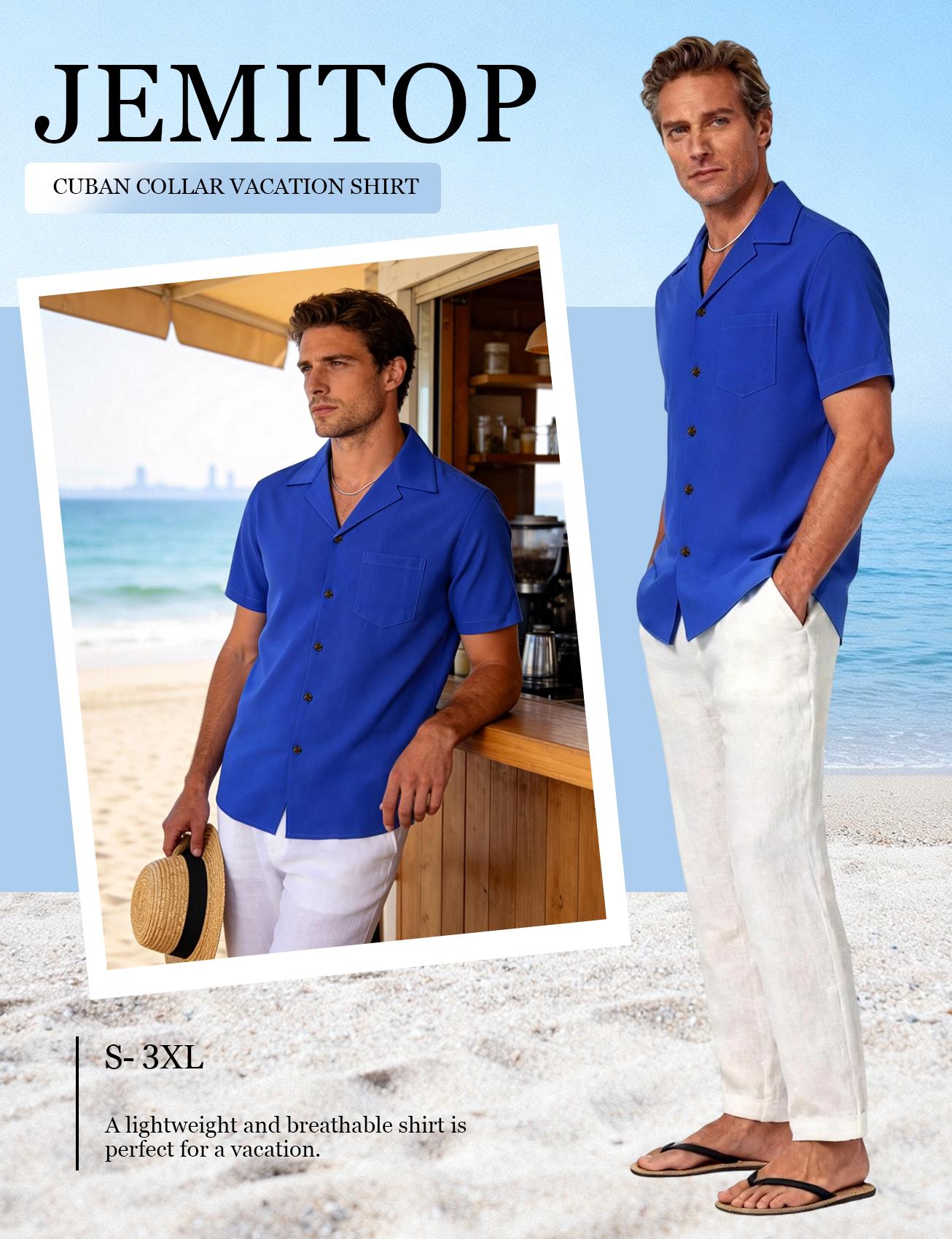 JEMITOP Men's Casual Menswear Cuban Collar Shirt with Pocket, Plain Stretch Button Down, Light, Soft, Breathable for Summer Vacation, Short Sleeves, Pocket Detail, Button Up, Wedding, Chic, Work, Buttoned