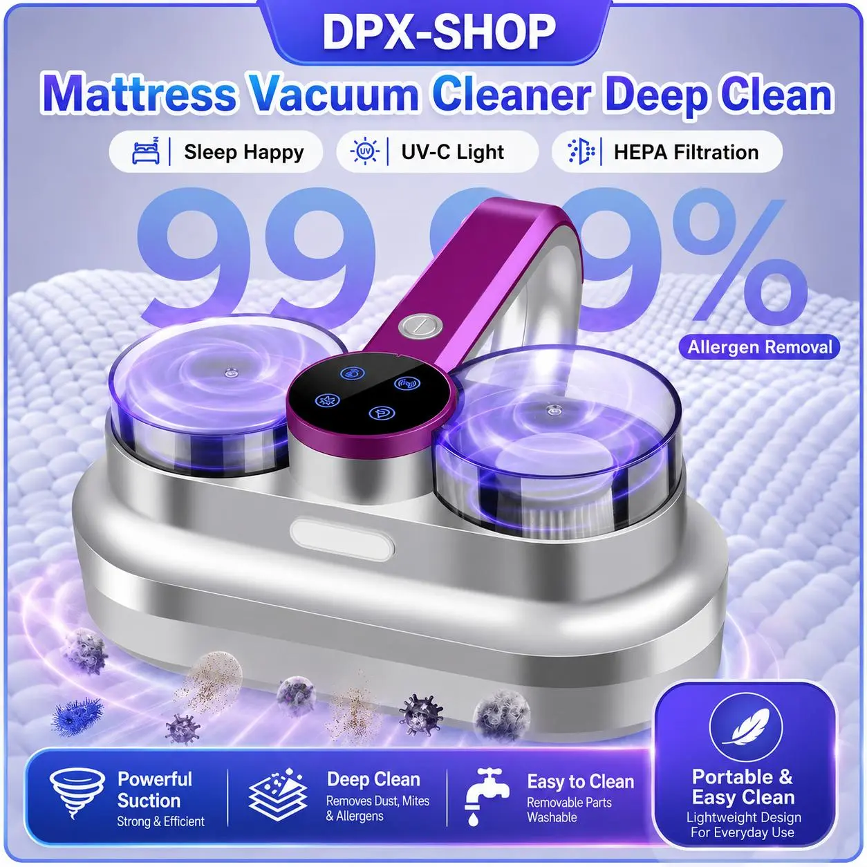 Corded Bed Mattress Vacuum Cleaner, High Power 400W 12Kpa Suction, 275nm UV-C Light, 48000 RPM Brushroll, HEPA Filter, Heating, Ultrasonic, Quintuple Tech, Widened Suction Port, Home Cleaning Appliance, High Power Vacuum, Home Cleaning Machine