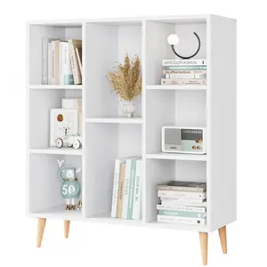 FOTOSOK White Wooden Open Shelf Bookcase, Nordic 8-Cube Bookshelf with Wooden Legs, Minimalist White Bookcase & Storage Organizer for Small Spaces