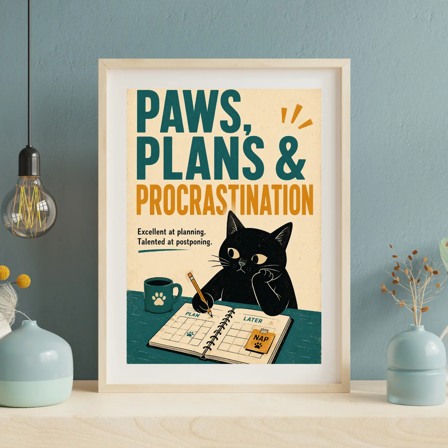 Coffee Cat Poster – "Paws & Plans" | Manga Black & White Comic Wall Art | Aesthetic Home Office & Coffee Nook Decor | Cat Lover Gift