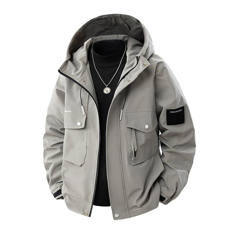 Men's Spring And Autumn Casual Windproof Warm Hooded Jacket, Multi-Pocket Workwear Coat, Early Spring Hooded Softshell Jacket, Suitable For Outdoor Activities