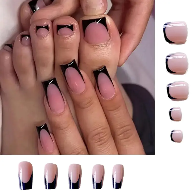 Long Square Black French Tip Press On Toenails, Glossy Durable Acrylic False Toenails Kit, Salon Quality Quick Apply Fake Toenails for Women, Bold Statement Manicure for All Occasions