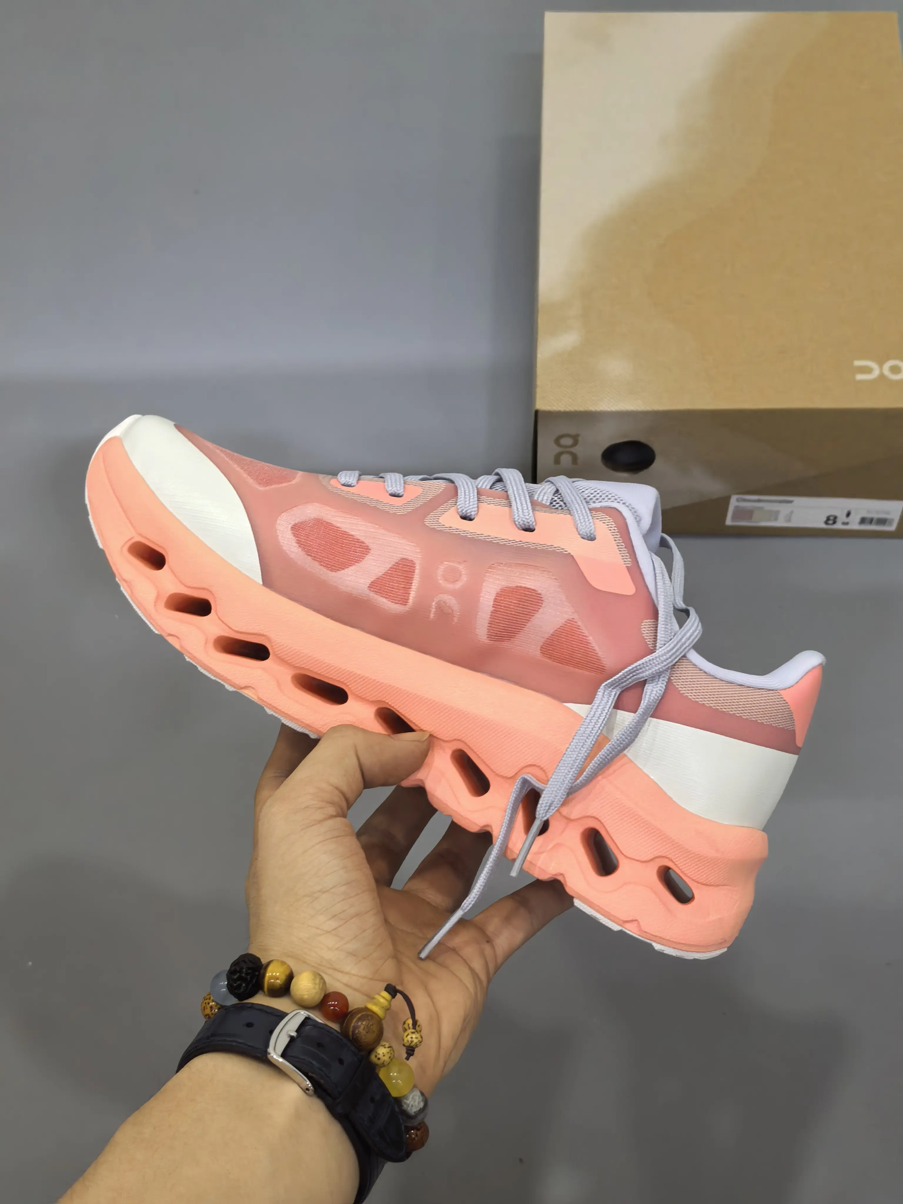 Peach Orange Mesh Running Shoes Hollow Cushion Thick Sole Light Gray Laces Women Casual Sports Sneakers
