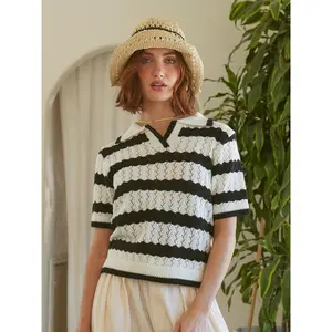 Cider [size 2-10] French Riviera Vacation Polo Striped Hollow Out Knitted Short Sleeve Top