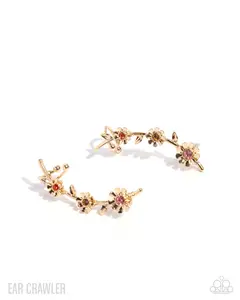 Blooming Boulevard - Gold Rhinestone Flower Ear Crawler Earrings - Paparazzi