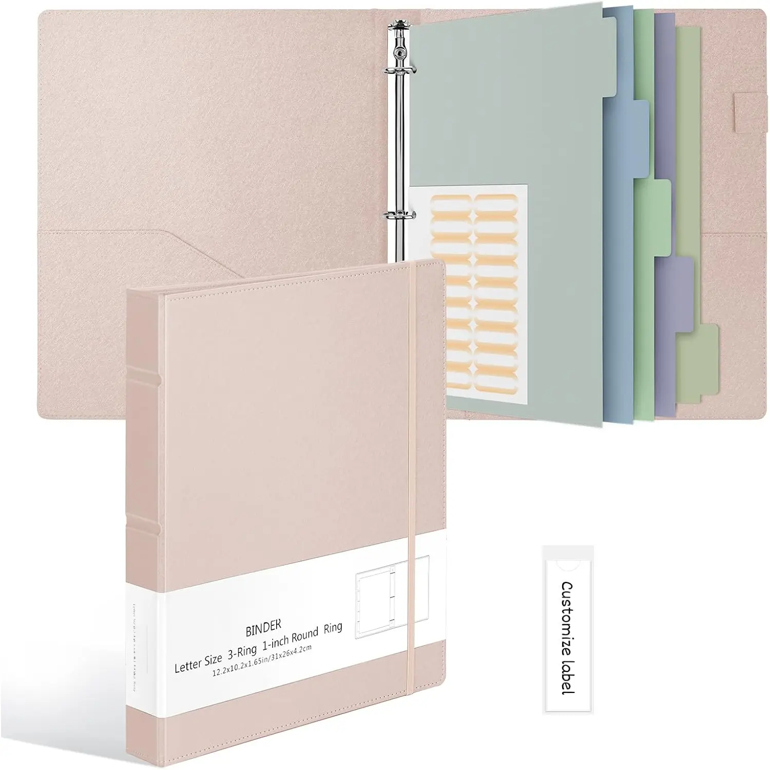 Hardcover 3 Ring 1 inch Leather Binder, Professional Binders Organizer Suitable for Letter Size Documents, Binder Dividers with Tabs, Faux Rose  Leather