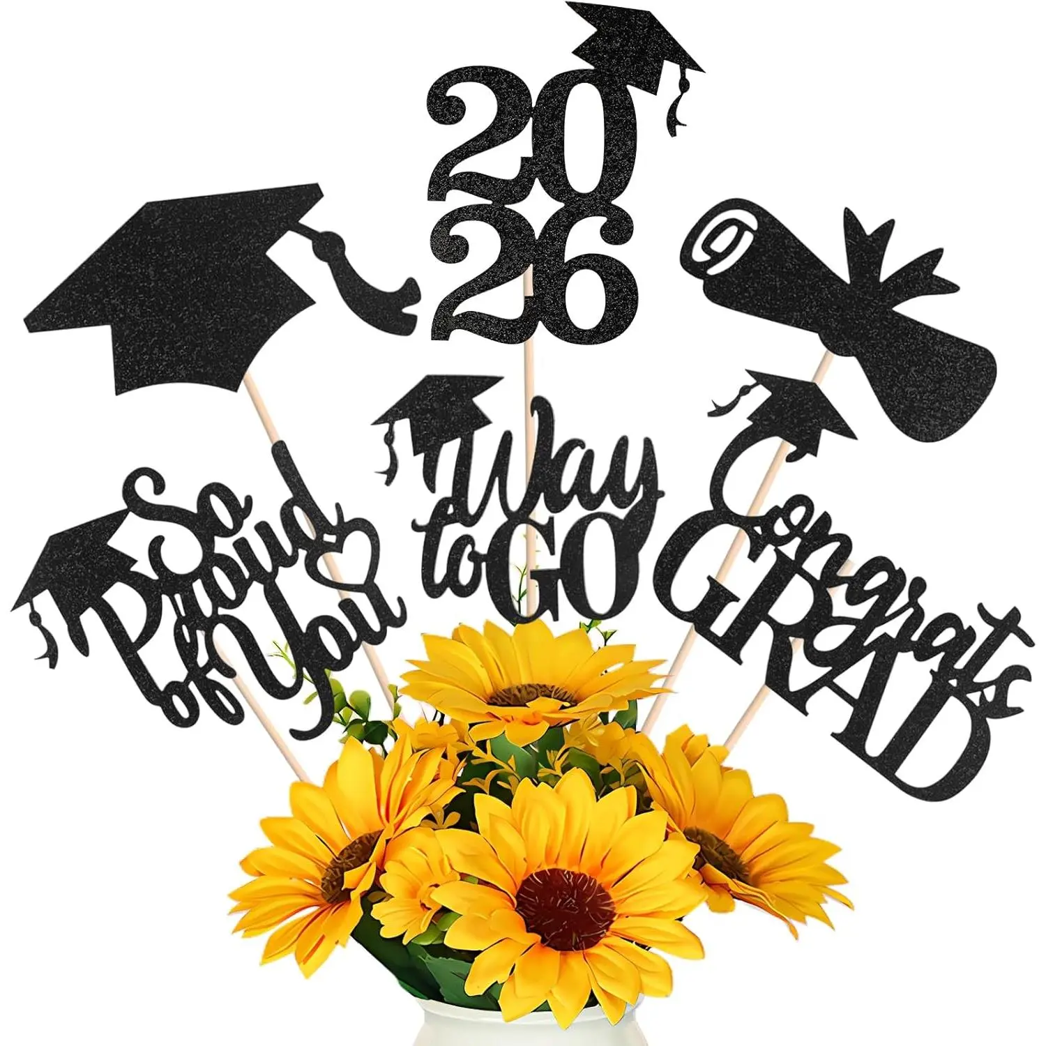 Class of 2026 Graduation Decorations Set - 24-Count Synthetic Double-Sided Centerpieces with Sticks, Elegant Black Glitter Decorative Table Toppers for Cake, Celebration Photo Booth Party Supplies (Customizable for Festive Arrangements)