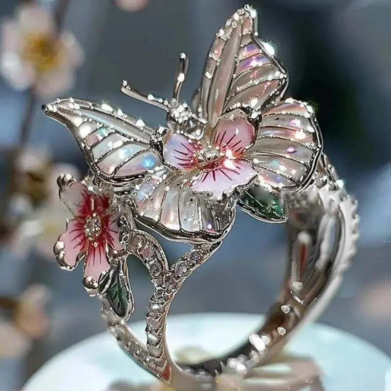 Women's Exquisite Shiny Water Drop Oil Butterfly Flower Open Blush Pink Fashion Ring, Costume Jewelry Finger Ring, Finger Rings