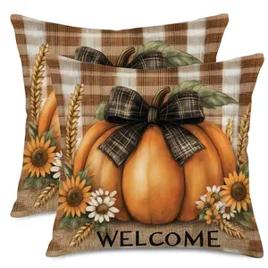 2pcs, Fall Throw Pillow Covers - Pumpkin Buffalo Plaid - Farmhouse Thanksgiving Decor for Living Room, Sofa, Seasonal Home Decoration, Single-sided Printing, Without Pillow Core, Home Decorative Cushion