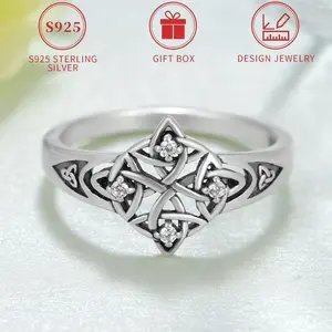 Women's Ring with S925 Pure Silvery Witch Knot Inlay Synthetic Zirconia Low Allergy Nickel-Free Witchcraft Celtic Amulet Ring Geometric Celtic Knot Ring Vintage Jewelry Gift Box