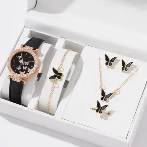 6pcs Fashionable Women'S Watch Set, Round Alloy Case Quartz Watches with Faux Leather Band, Includes Bracelet Necklace Ring Earrings Watch