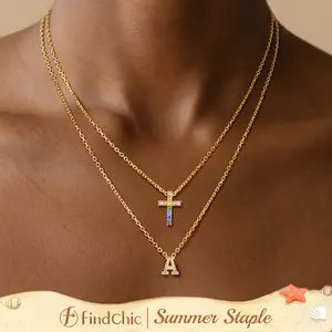 FindChic 14K Gold Plated Initial Cross Necklace for Women Colorful Cubic Zirconia Dainty Letter Cross Gold Silver Color Necklace Set Jewelry Gift for Women Girls