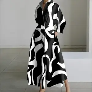 Women’s Autumn/Summer Printed V-Neck Long-Sleeve Dress (also suitable as a skirt)