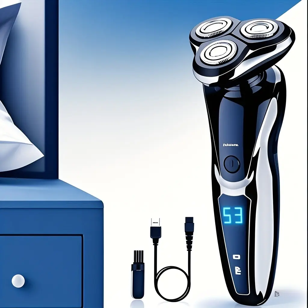 Black Electric Rotary Shaver for Men, 5D Floating Wet & Dry 3-Cutter Head Razor, USB Rechargeable with Digital Display, 60 Min Runtime, Travel Case, Black Standard Three Cutter Heads