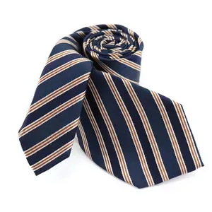 HERA Navy Blue and Beige-Gold Striped 7 Fold Mulberry Silk Hand Made Men's Necktie Made in Italy