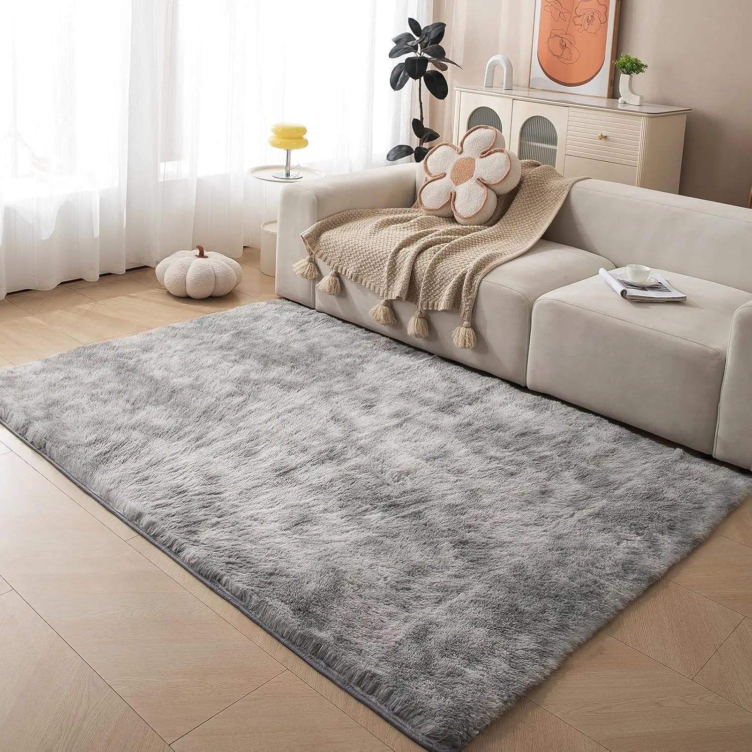 6x9 ft Modern Indoor Shag Area Rug, Tie-Dye Grey Polyester Fiber Non-Slip Non-Woven Fabric Ultra Plush Carpet, Smooth-Touch Luxurious Floor Decor for Living Room, Bedroom, 6X9 Feet