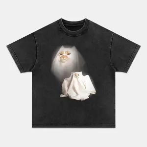Ghost Kitten T-shirt, Unisex Vintage Crew Neck Regular Fit Cotton Fabric Casual Comfort Breathable Short Sleeve Funny T-shirts Fashion Men&Women's Top for Streetwear 090301