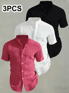 Men's Summer Short Sleeve Shirts Top, Lightweight Breathable Solid Color Stand Collar Button-Up, Beach Pool Casual Wear, Ideal for Swimming