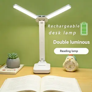 Dual Head Energy-Saving LED Desk Lamp, Eye-Caring, Flicker-Free & Blue Light Blocking, Touch Stepless Dimming, 3 Color Modes, Multi-Angle Rotatable, Foldable & Portable, USB Rechargeable, Ideal for Study, Office, Bedroom, Reading, Bedside, Dorm