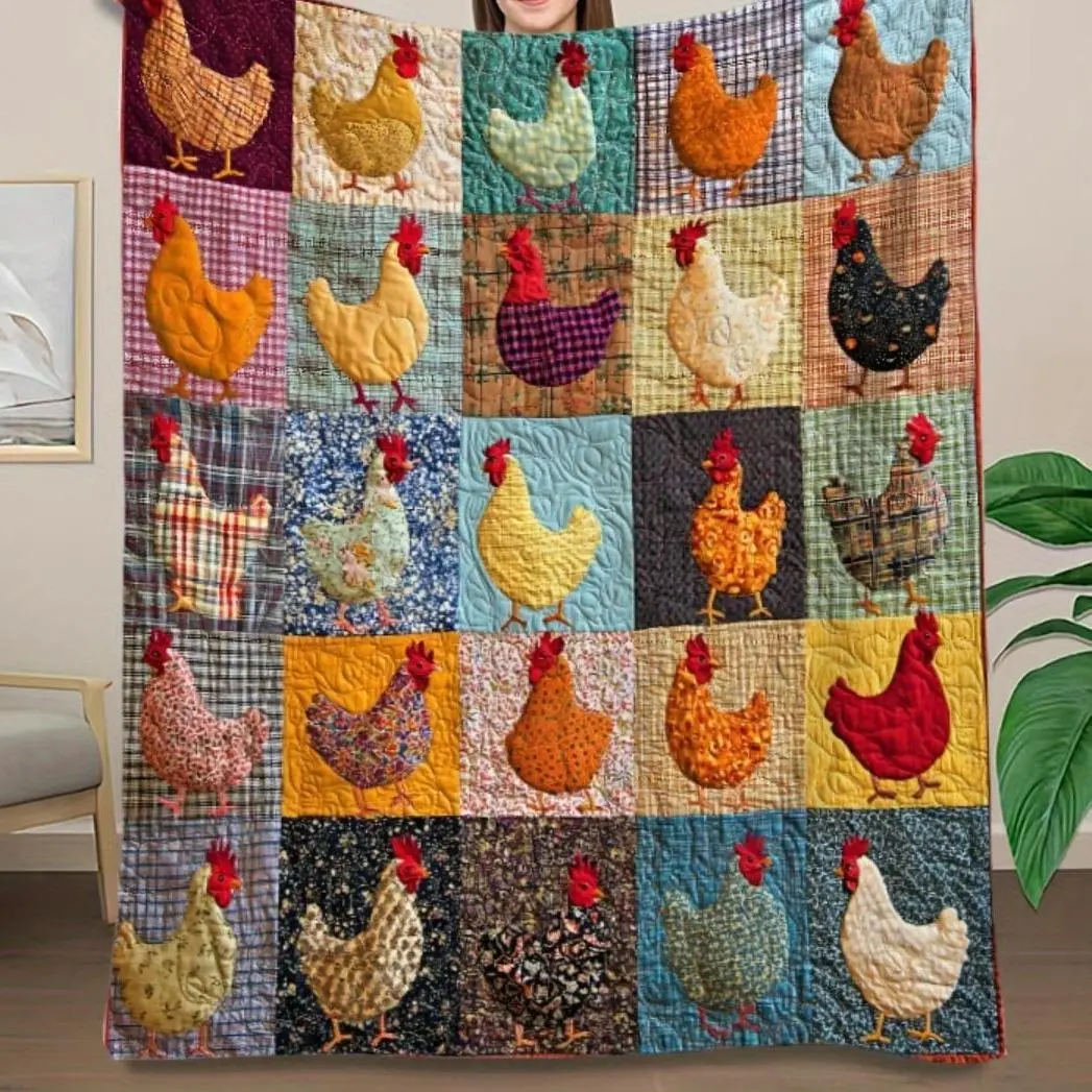 [Cozy Quilt] Soft Flannel Vintage Style Colorful ChickenPatchwork Quilt | Digital Print,ldeal for SofaBed, Office, Car, Camping, Home Decor -All-Season CozyNap Blanket, Office Nap Throw