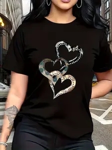 Emotion and Love" Representative, Metallic Art Heart Print Trendy Fashion, Simple Round Neck Casual Versatile Short Sleeve Women's T-Shirt for Leisure, Travel, and Vacation