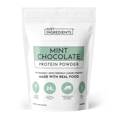 Just Ingredients Mint Chocolate Protein Powder - 15 Servings - Supports Muscle Recovery & Energy* - Grass-Fed Whey & Organic Plant Proteins - 24g of Protein Per Serving - Gluten-Free - Made with Real Food - No Added Sugar - No Artificial Flavors or Dyes