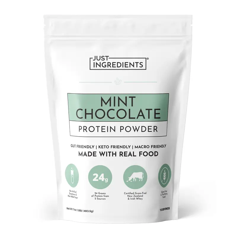 Just Ingredients Mint Chocolate Protein Powder - 15 Servings - Supports Muscle Recovery & Energy* - Grass-Fed Whey & Organic Plant Proteins - 24g of Protein Per Serving - Gluten-Free - Made with Real Food - No Added Sugar - No Artificial Flavors or Dyes