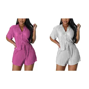 DUTUT Summer Pleated 2PS Short Sleeve Shorts Plisse Matching Colorful Outfits Vacation Button Down Y2k Shirt Styles