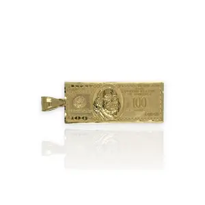 One Hundred Dollars Bill Pendant CZ - 10k Yellow Gold