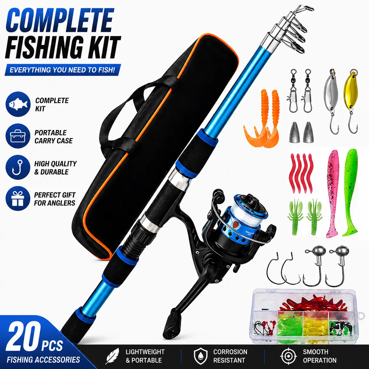 Portable Telescopic Fishing Rod & Reel Combo, Complete Fishing Kit with 20PCS Tackle, Lures & Carry Bag for Travel, Camping, Bass, Trout & Panfish