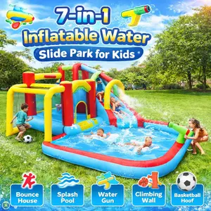 7 in1 Inflatable slide water park bouncing house outdoor Soccer garden bouncer with Splash pool & Water gun & Climbing wall & Basketball & Football