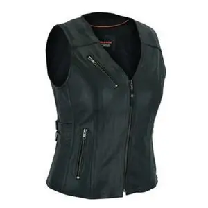 High Mileage Womens Black Premium Cowhide Biker Motorcycle Leather Vest With Buckles