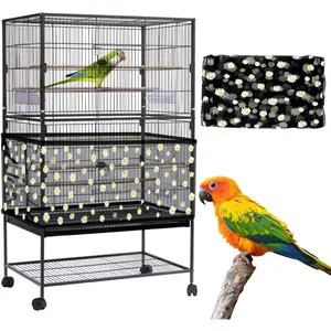 Large Bird Cage Cover, Bird Cage Seed Catcher, Adjustable Soft Nylon Mesh Net with Daisy Pattern, Birdcage Cover Skirt Seed Guard for Parrot Parakeet Macaw Round Square Cages (Black)
