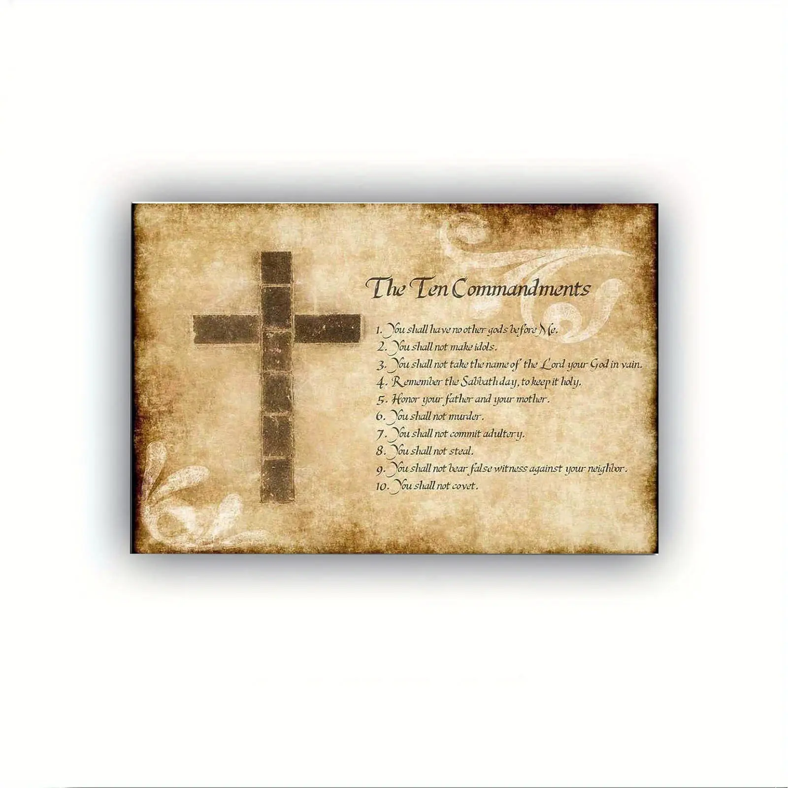 Wooden Frame Wall Art, 1 Piece, Ready to Hang, Ten Commandments Cross, Christian Religious Quotes, Waterproof Framed Canvas Art for Home Decor