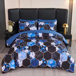 7 Pieces Blue Black Marble Queen Bed in A Bag White Flowers Comforter Sets Gold Geometric Bedding Sets for Men