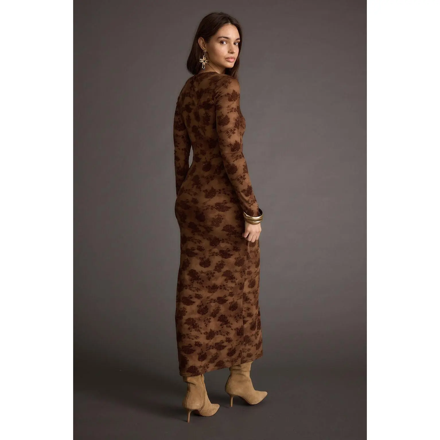 Women's Casual Chocolate Brown Floral Velvet Long-Sleeve Mesh Maxi Dress - TikTok Shop Women's Casual Chocolate Brown Floral Velvet Long-Sleeve Mesh Maxi Dress - TikTok Shop