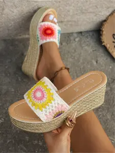 Vintage Bohemian Resort Style Handmade Crochet & Straw Wedge Heels, Breathable, Thick Sole, Anti-Slip, Multiple Sizes & Colors, Perfect for Daily Wear